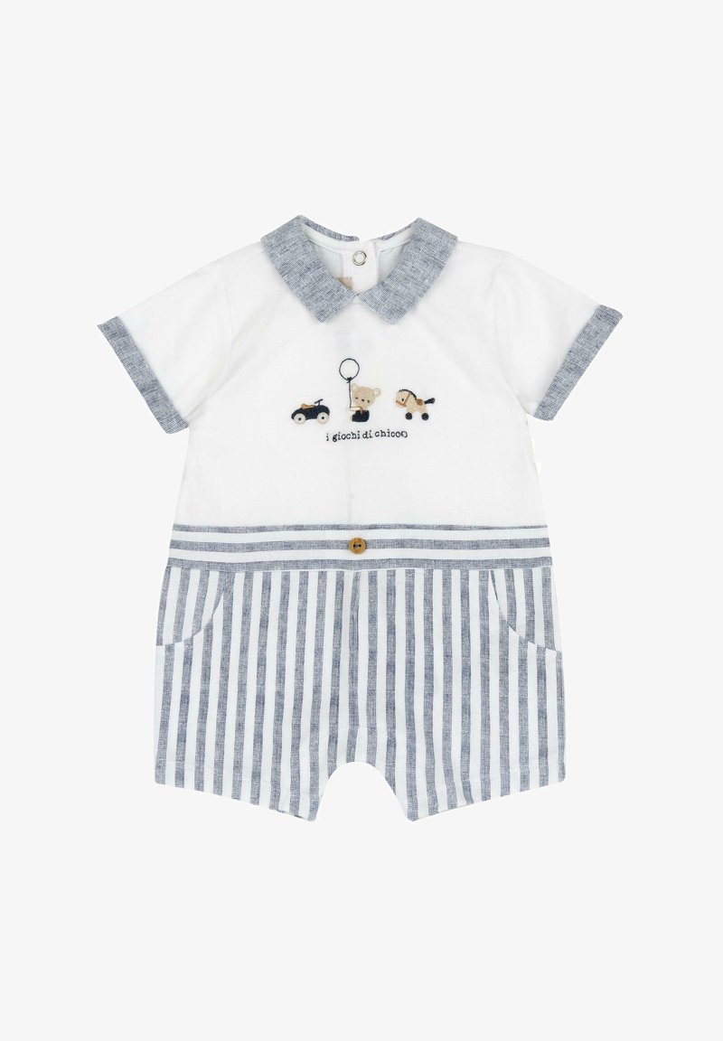 Salopette blanche à manches courtes avec un col en denim, short rayé et jouets brodés sur la poitrine. Deux poches et un détail de bouton.
