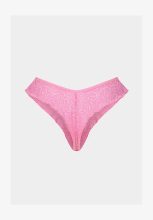 Rosa Spitzen-Tanga mit floralem Muster, ausgestattet mit einem gewellten Bund und Rückenteil, das eine semi-transparente Textur und eine enganliegende Passform präsentiert.
