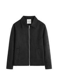 Veste noire zippée avec col et poches latérales, taille moyenne, design simple, présentée de face sur fond blanc.