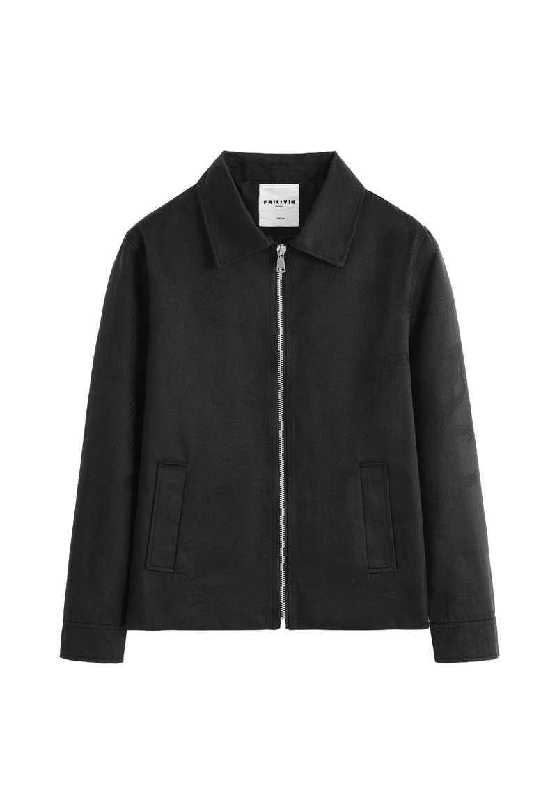 Veste noire zippée avec col et poches latérales, taille moyenne, design simple, présentée de face sur fond blanc.