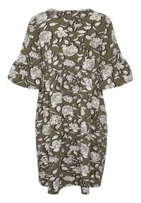 Blumenkleid aus olivgrünem Stoff mit weißem Blumen- und Blattmuster, kurzen Ärmeln und einer lockeren Passform mit Raffung.