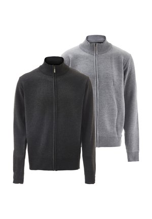 Two men's zip-up sweaters with ribbed collars, cuffs, and hems in dark gray and light gray colors on a white background.