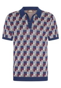 Kurzarm-Polohemd in Marineblau, Creme und Burgunderrot mit geometrischem Muster, Kragen und einer Knopfleiste mit drei Knöpfen sowie geripptem Saum.