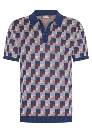 Kurzarm-Polohemd in Marineblau, Creme und Burgunderrot mit geometrischem Muster, Kragen und einer Knopfleiste mit drei Knöpfen sowie geripptem Saum.