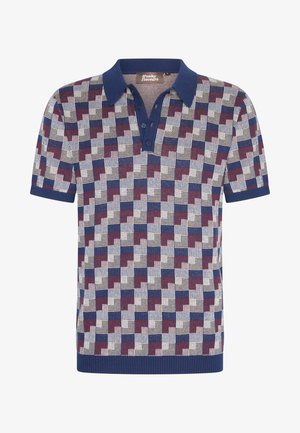 Camisa polo de manga corta en navy, crema y burdeos con un patrón geométrico, cuello y tapeta de tres botones con dobladillo acanalado.