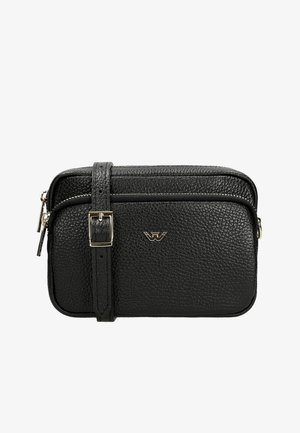 Zwarte leren schoudertas met een textuurafwerking, voorzien van een bovenste ritsafsluiting, voorzijde logo-detail en een verstelbare schouderband.