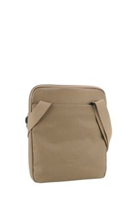 Borsa a tracolla in tela color beige con chiusura a zip, tracolla regolabile e tasca frontale. Texture liscia e design minimalista.