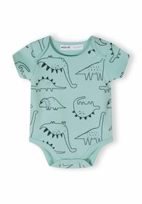 Bodysuit kratkih rukava u mint zelenoj boji s crnim ilustracijama dinosaura različitih oblika i tekstura. Zatvaranje na dnu s dugmadi.
