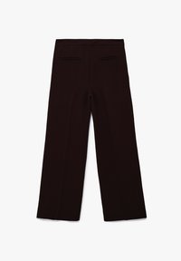 Dunkelbraune maßgeschneiderte Hose mit gerader Beinform, ausgestattet mit zwei Gesäßtaschen und einer glatten Stoffstruktur.