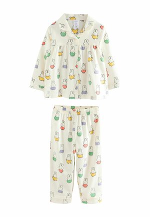 Børnepyjamas sæt lavet af blød bomuld, med en off-white baggrund og farverige tegneseriekaniner. Inkluderer en skjorte med knapper og bukser med elastik i taljen.