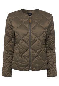 Veste matelassée vert olive en matériau brillant, avec un col rond, une fermeture éclair sur le devant et un motif losangé diagonal.