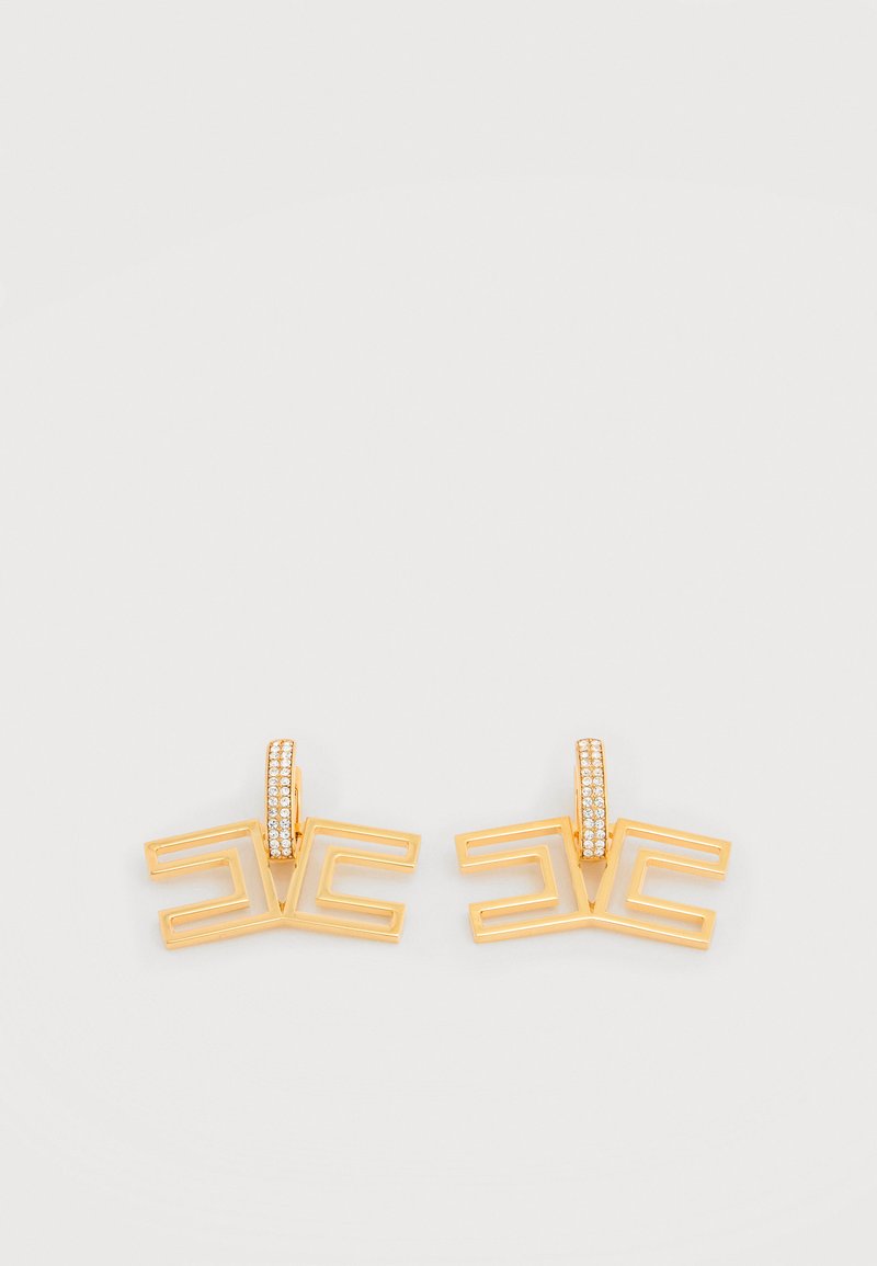 Gold-tone earrings with a geometric design featuring two connected shapes and a small circular accent adorned with clear rhinestones.