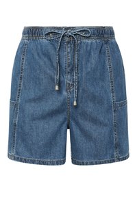 Pantalones cortos de denim con cintura elástica, detalle de cordón y dos bolsillos delanteros. Presenta un color azul medio y acentos de costura.