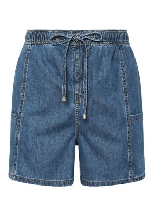 Denimshorts met een elastische tailleband, trekkoorddetails en twee voorzakken. Heeft een medium blauwe kleur en gestikte accenten.