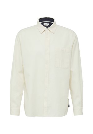 Overhemd met lange mouwen in gebroken wit, gemaakt van een textuurstof, met een zak op de linkerborst en een marineblauwe kraagvoering.