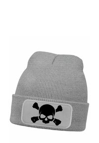 Gray ribbed knit beanie with a turned-up cuff featuring a black skull and crossbones design on a white patch.