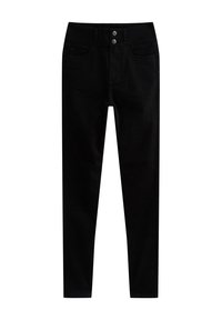 Jean skinny en denim noir à taille haute, doté de deux poches avant, de deux poches arrière et de deux fermetures à boutons métalliques à la taille.