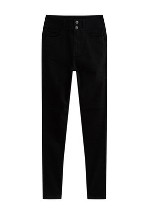 Jean skinny en denim noir à taille haute, doté de deux poches avant, de deux poches arrière et de deux fermetures à boutons métalliques à la taille.