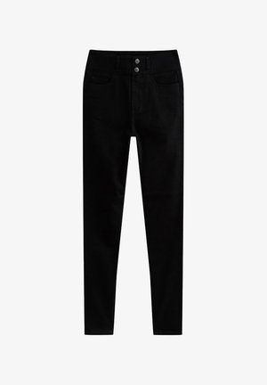 Black denim skinny jeans with a high waist, featuring two front pockets, two back pockets, and two metallic button closures at the waistband.