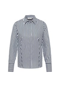 Camicia a righe con strisce verticali blu navy e bianche, chiusura a bottoni frontale e maniche lunghe. I polsini presentano un motivo a strisce a contrasto.