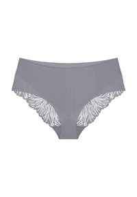 Szare majtki z gładkim przodem i koronkowym wykończeniem z wzorem li�ści po bokach, z falbaniastymi brzegami i miękką teksturą.