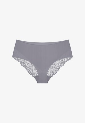 Szare majtki z gładkim przodem i koronkowym wykończeniem z wzorem liści po bokach, z falbaniastymi brzegami i miękką teksturą.