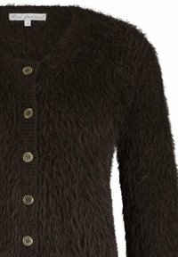 Donkerbruin fuzzy cardigan van een gestructureerd materiaal, met een ronde halslijn en vijf grote knopen aan de voorkant.