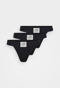 Black thong underwear set featuring three pieces. Made from a smooth, stretchy fabric with wide elastic waistbands and a logo patch.