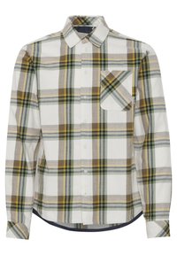 Langarm-Hemd mit Knopfleiste im grün-gelb-beige-grauen Karomuster und einer Brusttasche auf weißem Hintergrund.