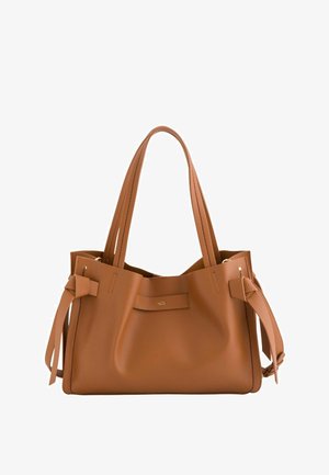 Brown textured leather handbag with double straps, side buckle details, and a small embossed logo on the front center.