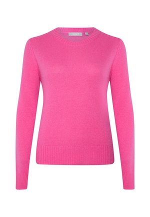 Fuchsia-pinker Pullover mit Rundhalsausschnitt, langen Ärmeln, geripptem Saum und Bündchen, aus einem weichen, strukturierten Stoff.