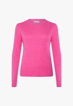 Fuchsia roze trui met een ronde hals, lange mouwen, geribde onderkant en manchetten, gemaakt van een zachte, gestructureerde stof.