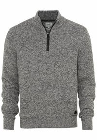 Grauer Strickpullover mit hohem Kragen und einem Viertelreißverschluss. Verfügt über ein strukturiertes Muster sowie gerippte Bündchen und Saum. Normale Passform.