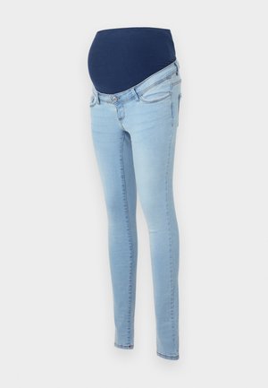Jeans de maternité en denim bleu clair avec une taille élastique bleu marine. Conception ajustée avec deux poches avant et des détails de couture subtils.