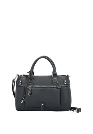 Bolso de mano de cuero negro con asas dobles, bolsillo frontal con cremallera, correa de hombro desmontable y detalles de herrajes en tono plateado.