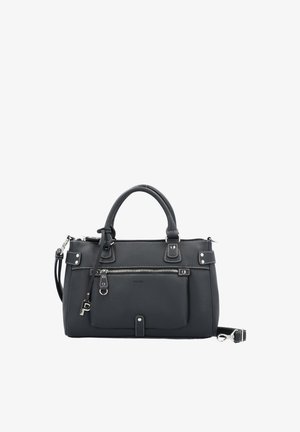 Sac à main en cuir noir avec double poignée, poche avant zippée, bandoulière amovible et détails de quincaillerie argentés.
