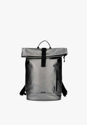 Gray roll-top backpack with front zipper pocket, black buckle strap, handle, and black adjustable shoulder straps.