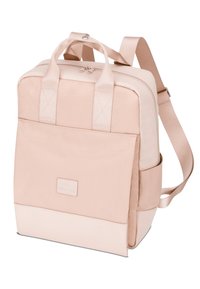 Zaino rosa con doppi manici superiori e spallacci regolabili. Tessuto liscio, forma rettangolare, tasca frontale e dettaglio color block nella parte inferiore.