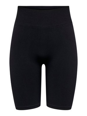 Șorturi negre de ciclist cu talie înaltă, cu o bandă largă în talie și un design neted, aderent, care se întinde până la jumătatea coapsei.
