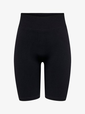 Șorturi negre de ciclist cu talie înaltă, cu o bandă largă în talie și un design neted, aderent, care se întinde până la jumătatea coapsei.