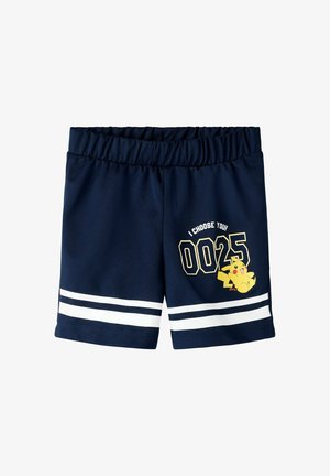 Granatowe szorty z elastycznym pasem w białe paski, z Pikachu i napisem „I CHOOSE YOU! 0025” na prawej nogawce.