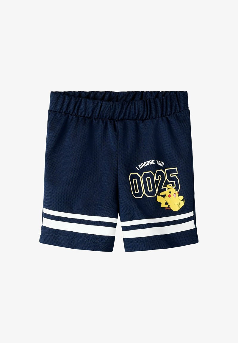 Granatowe szorty z elastycznym pasem w białe paski, z Pikachu i napisem „I CHOOSE YOU! 0025” na prawej nogawce.