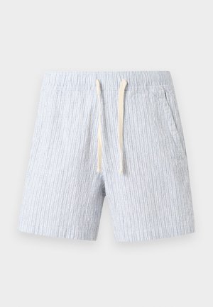 Lichtblauwe en witte gestreepte korte broek met een elastische tailleband en een crèmekleurige trekkoord, voorzien van zijzakken.