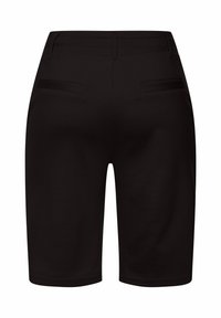 Zwarte shorts met een rechte snit, voorzien van twee achterzakken en een soepele, elastische stof. Geen zichtbare sluitingen of versieringen.