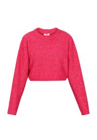 Maglione cropped rosa con maniche lunghe, scollatura rotonda e piccoli punti decorativi multicolori su tutto il tessuto.