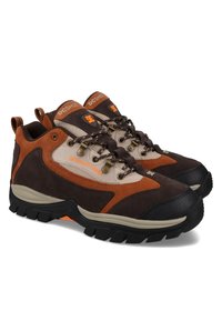 Brązowe i piaskowe buty do wędrówek z zamszową i tekstylną cholewką, gumową podeszwą, wyściełanym kołnierzem oraz pomarańczowymi akcentami logo. Posiadają solidne sznurowadła.