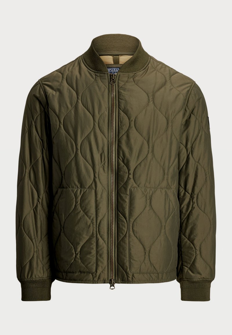Quilted bomber jacket in olive green, featuring a zip front, ribbed collar and cuffs, and two front pockets. Smooth texture with wave pattern.