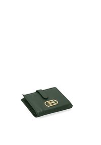 Green leather wallet with a textured finish, featuring a gold-tone oval logo and a secure clasp closure. Rectangular shape, compact design.
