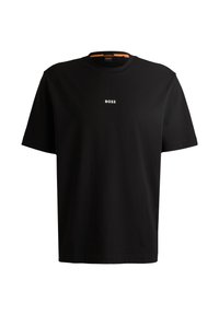 Černé tričko s krátkým rukávem vyrobené z bavlny, s kulatým výstřihem a malým bílým logem "BOSS" ve středu přední části.