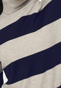 Gestreifter Strickrollkragenpullover in wechselnden Beige- und Marineblau-Tönen, mit einem gerippten Textur und einer taillierten Silhouette.